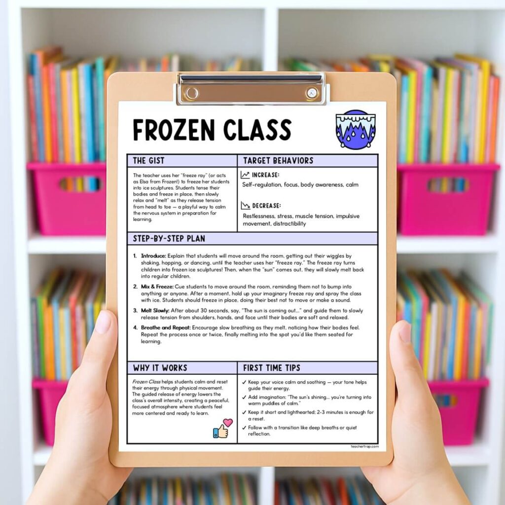 Teacher holding a 5-Minute Magic classroom activity on a clipboard, illustrating a quick calm-and-focus practice for helping students settle after lunch.