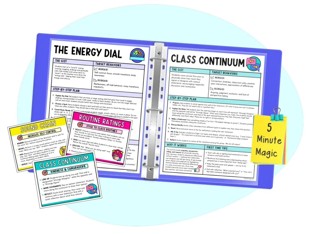 5-Minute Magic classroom management resource featuring a binder of quick behavior-building practices and printable activity cards for elementary teachers.