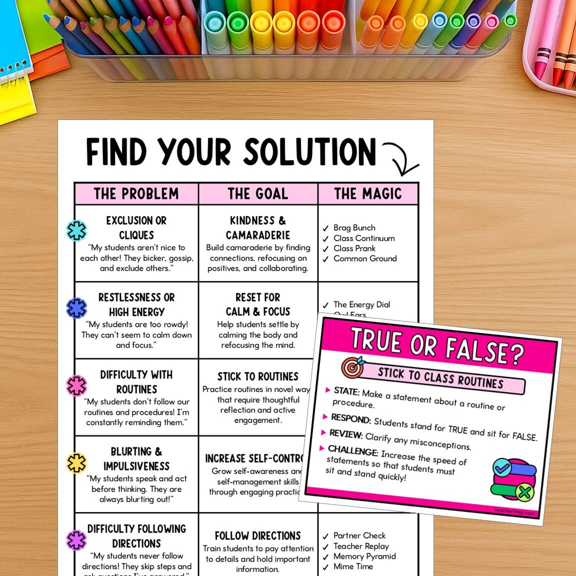 Preview of the 5-Minute Magic toolkit showing a teacher guide for matching common classroom challenges with targeted behavior-building practices and activity cards.