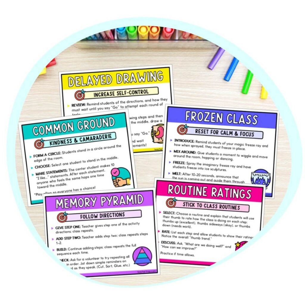 Sample 5-Minute Magic classroom activity cards featuring self-control, classroom routines, following directions, and calm-and-focus practices for elementary students.
