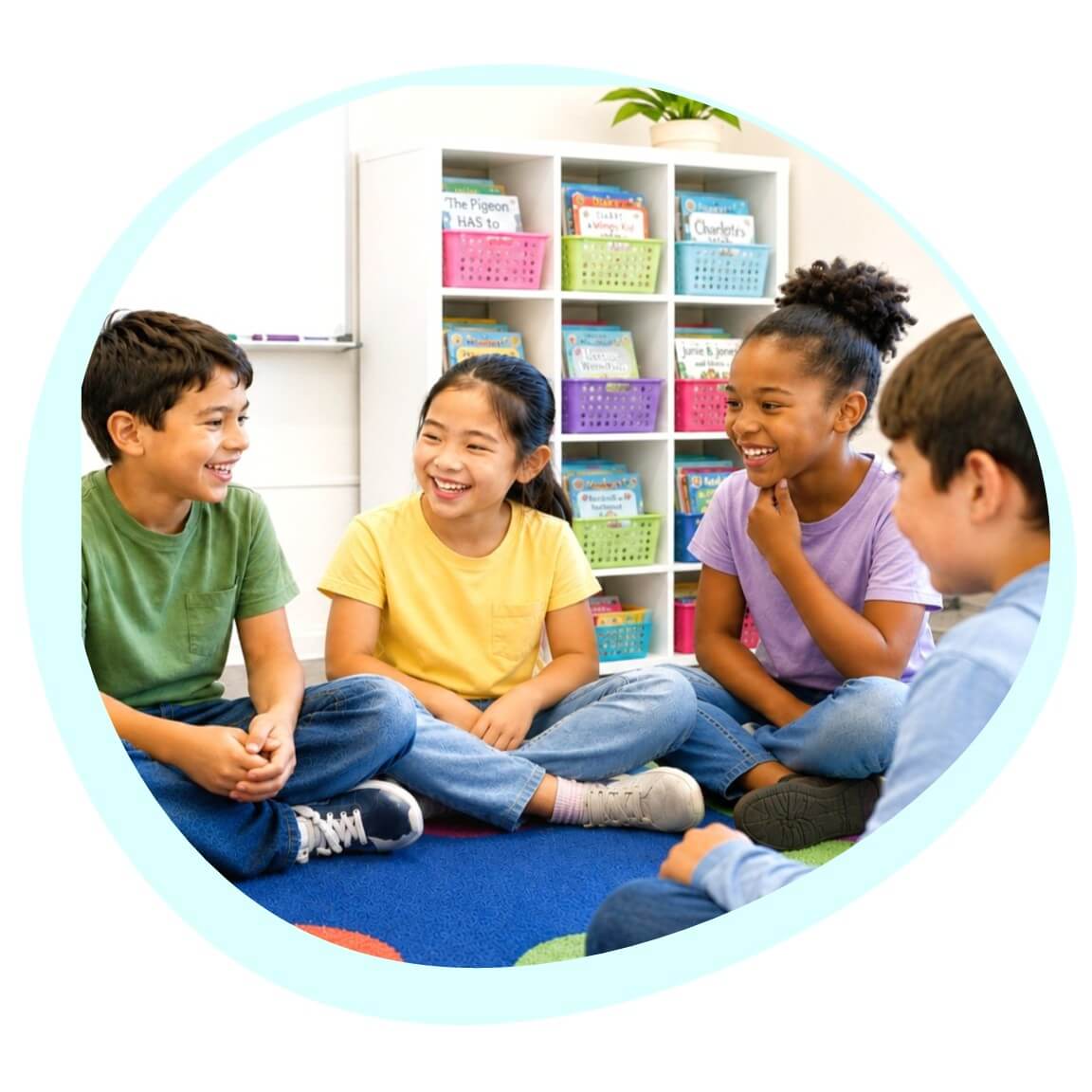 Elementary students participating in a collaborative classroom discussion, representing the positive communication and self-regulation skills built through regular practice.