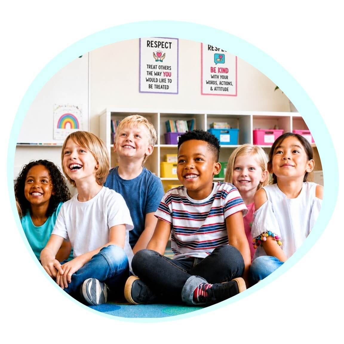 Smiling elementary students sitting together in a classroom, representing the calm, focused learning environment that 5-Minute Magic helps build.